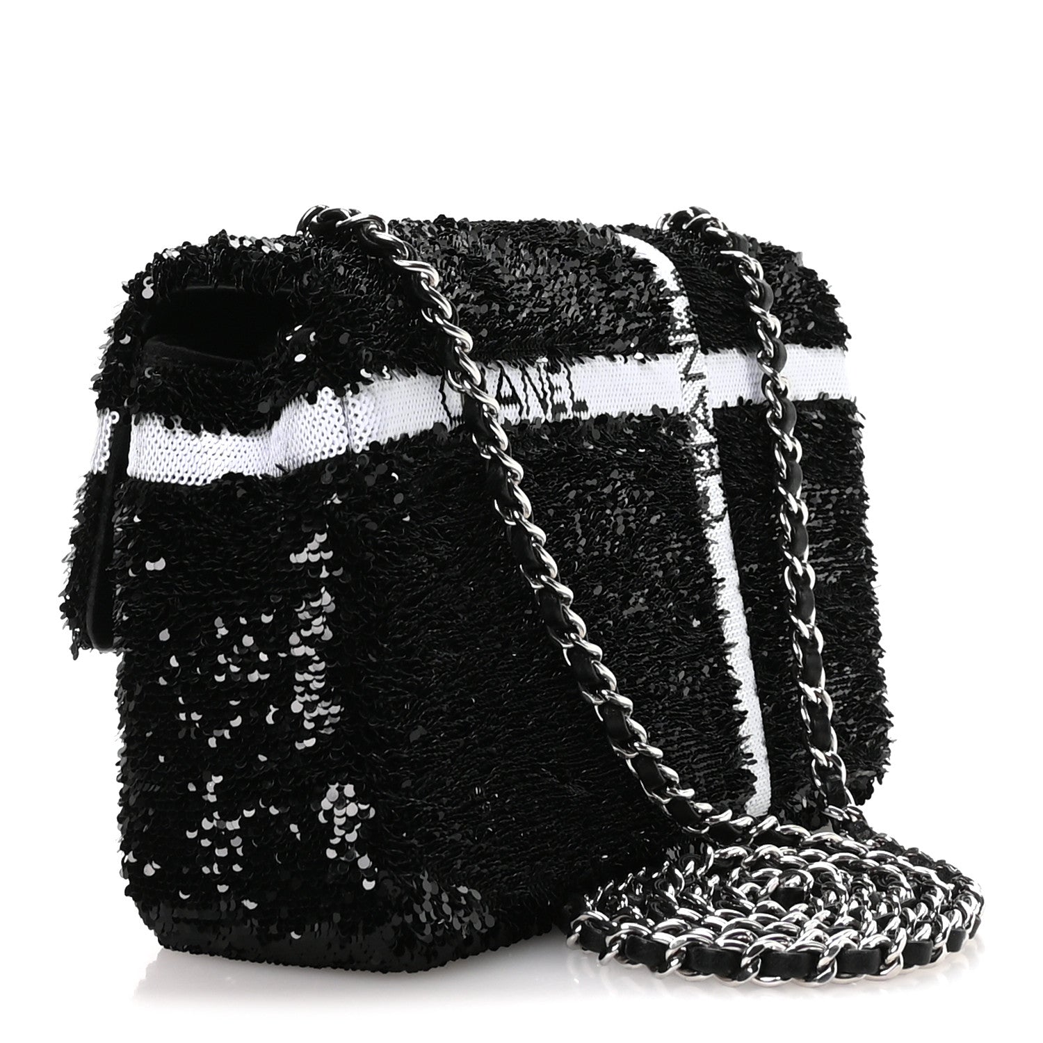 Chanel Sequin Ribbon Small Rectangular Flap Black White 3 of 11