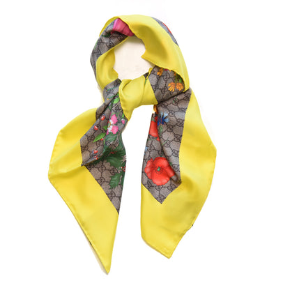 Gucci Silk Twill GG Monogram Flora Fluo GG Square Scarf Beige Yellow 3 of 5