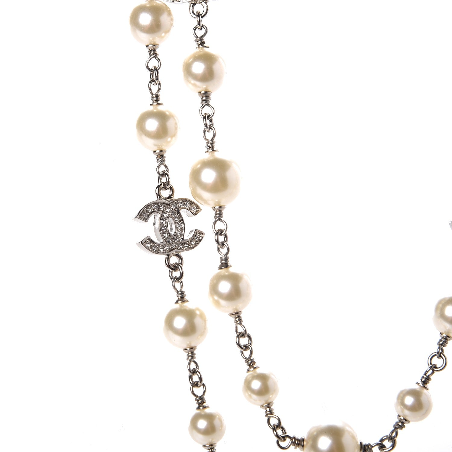 Chanel Crystal Pearl CC Long Necklace Silver 4 of 6