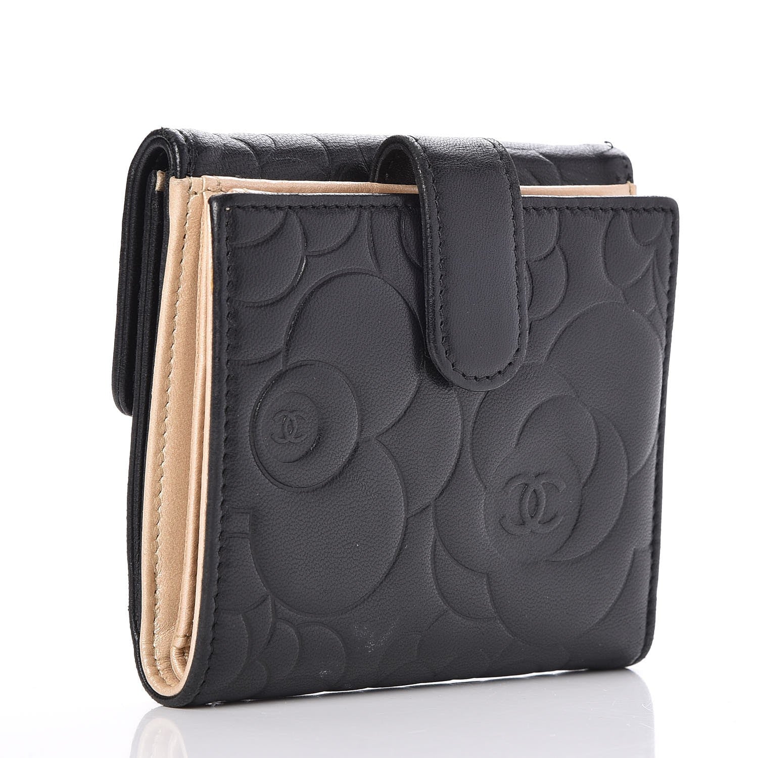 Chanel Lambskin Camellia Embossed Small Double Wallet Black 3 of 10
