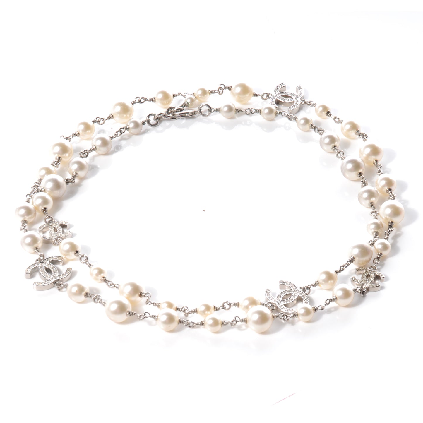 Crystal Pearl CC Long Necklace Silver