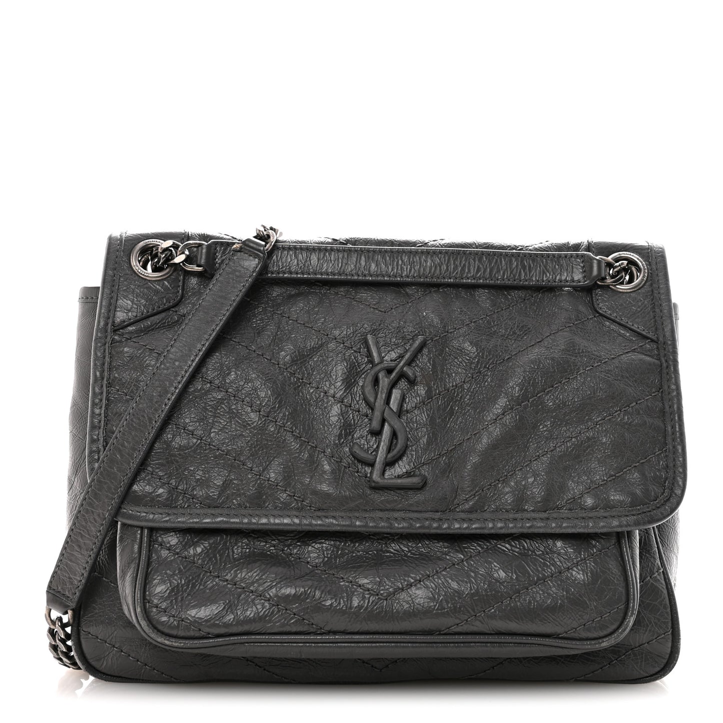 Crinkled Calfskin Matelasse Monogram Medium Niki Chain Satchel Fog