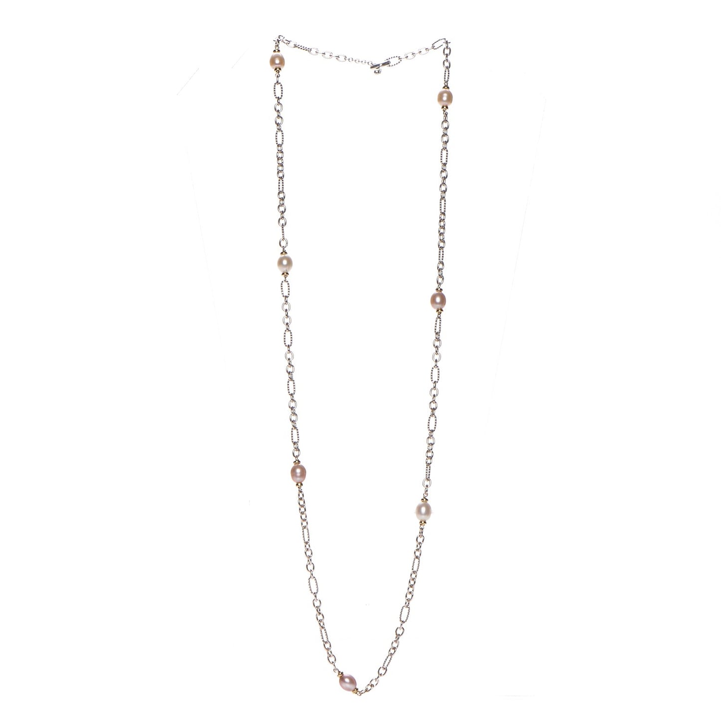 Sterling Silver 18K Yellow Gold Baroque Pearl Long Figaro Chain Necklace