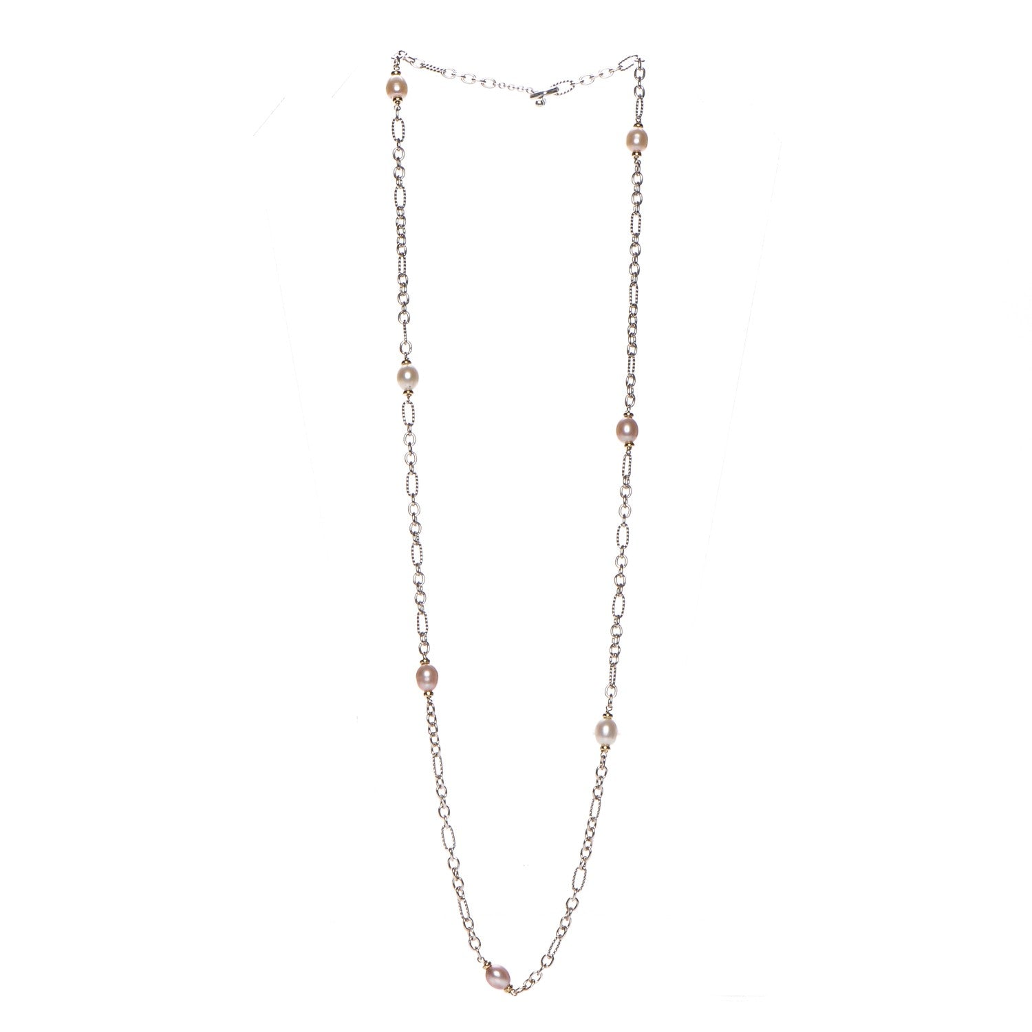 David Yurman Sterling Silver 18K Yellow Gold Baroque Pearl Long Figaro Chain Necklace 3 of 5