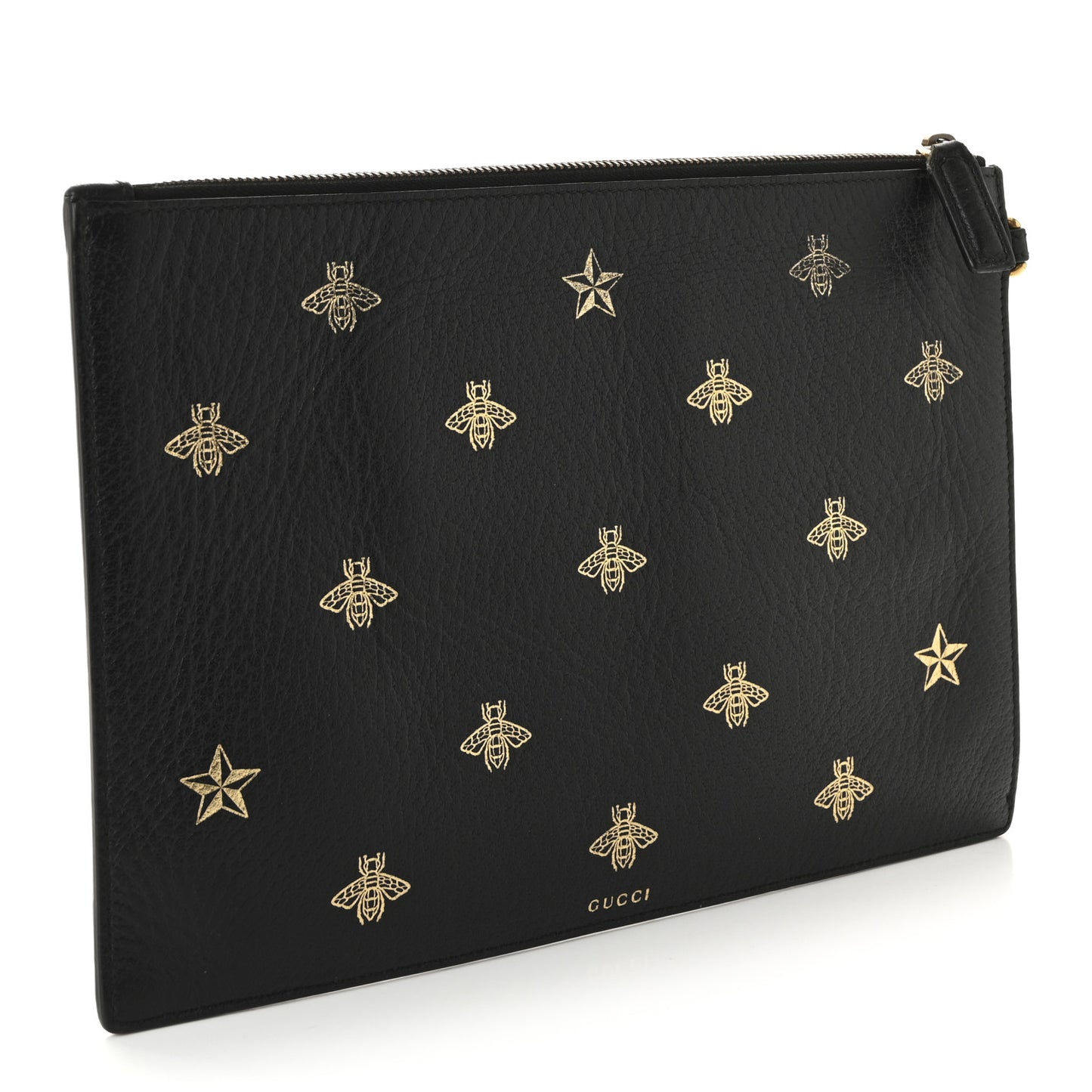 Dollar Calfskin Boar Effect Bee Star Zip Wristlet Pouch Black