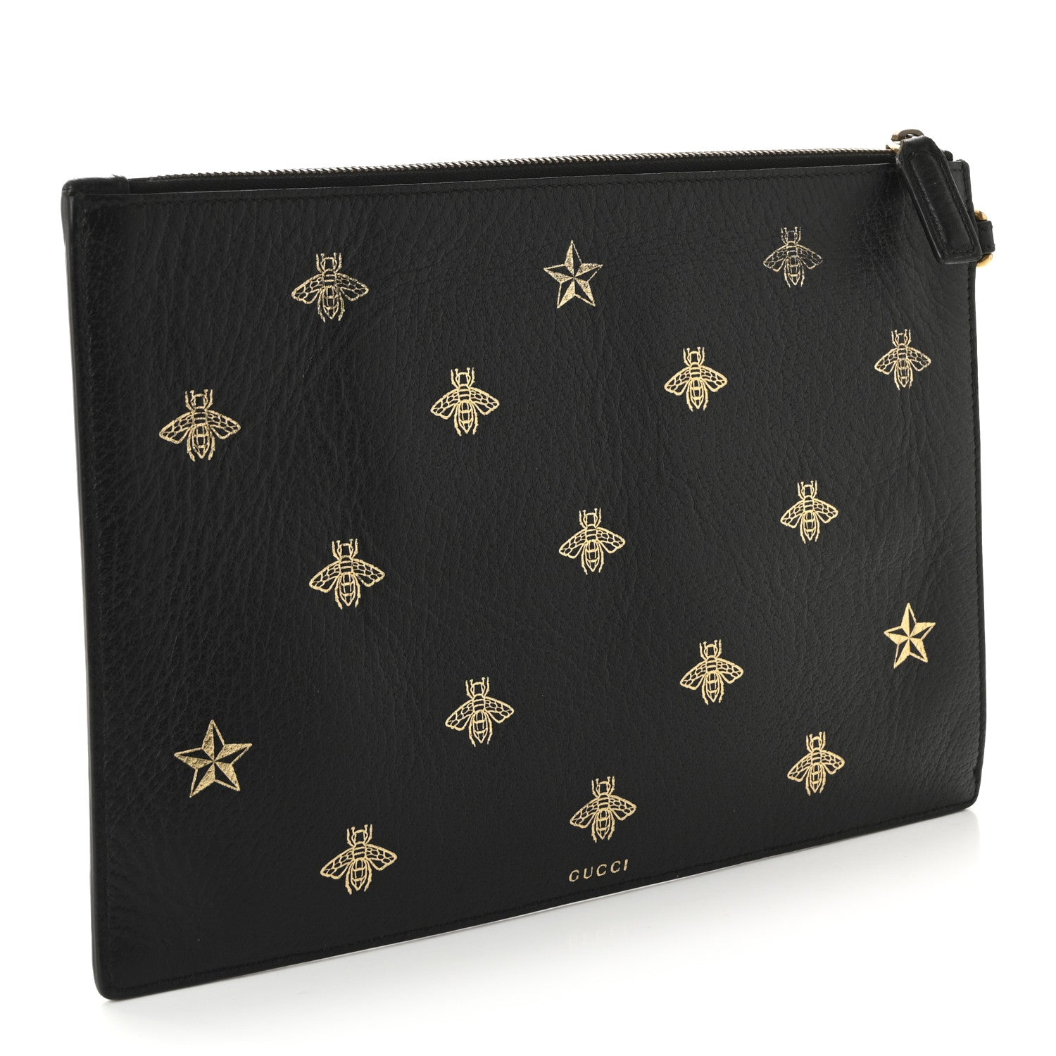 Gucci Dollar Calfskin Boar Effect Bee Star Zip Wristlet Pouch Black 3 of 8