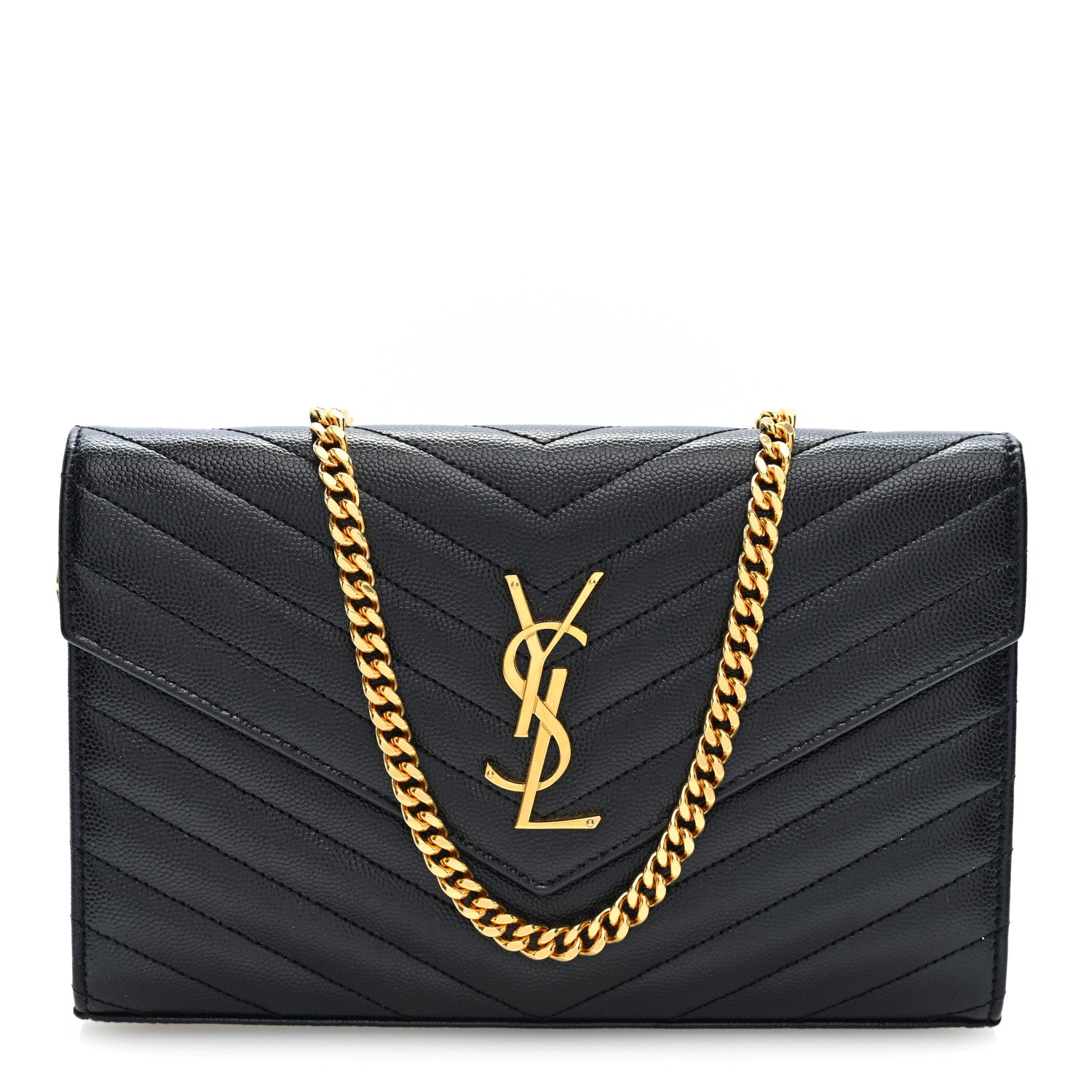 Saint Laurent Grain De Poudre Matelasse Chevron Monogram Chain Wallet Black 1 of 9