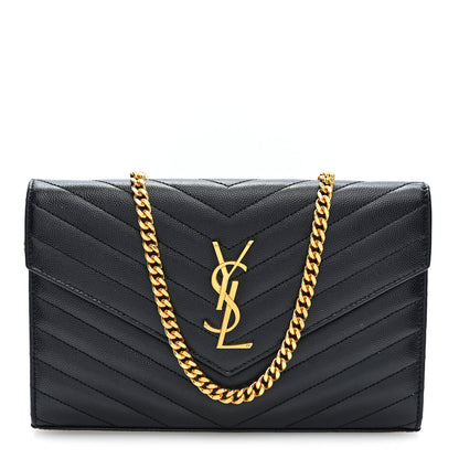 Saint Laurent Grain De Poudre Matelasse Chevron Monogram Chain Wallet Black 1 of 9