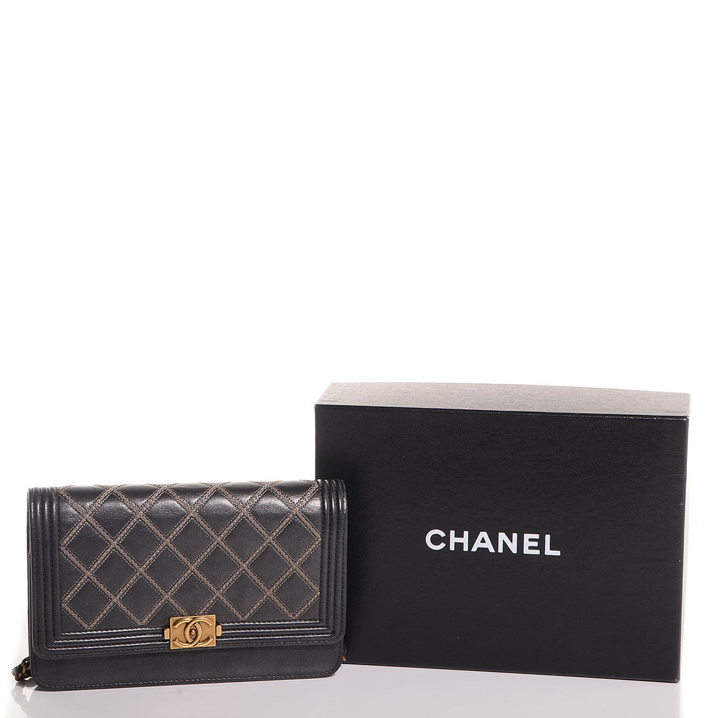 Calfskin Double Stitch Boy Wallet On Chain WOC Grey