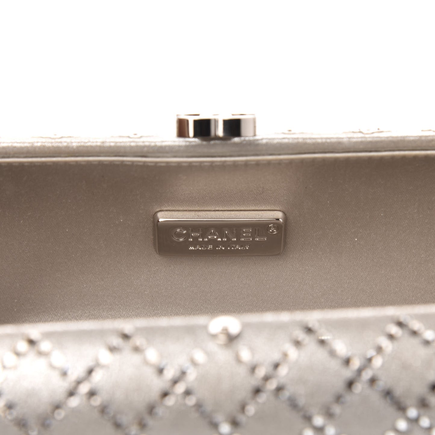 Iridescent Lambskin Crystal Quilted Clutch Silver