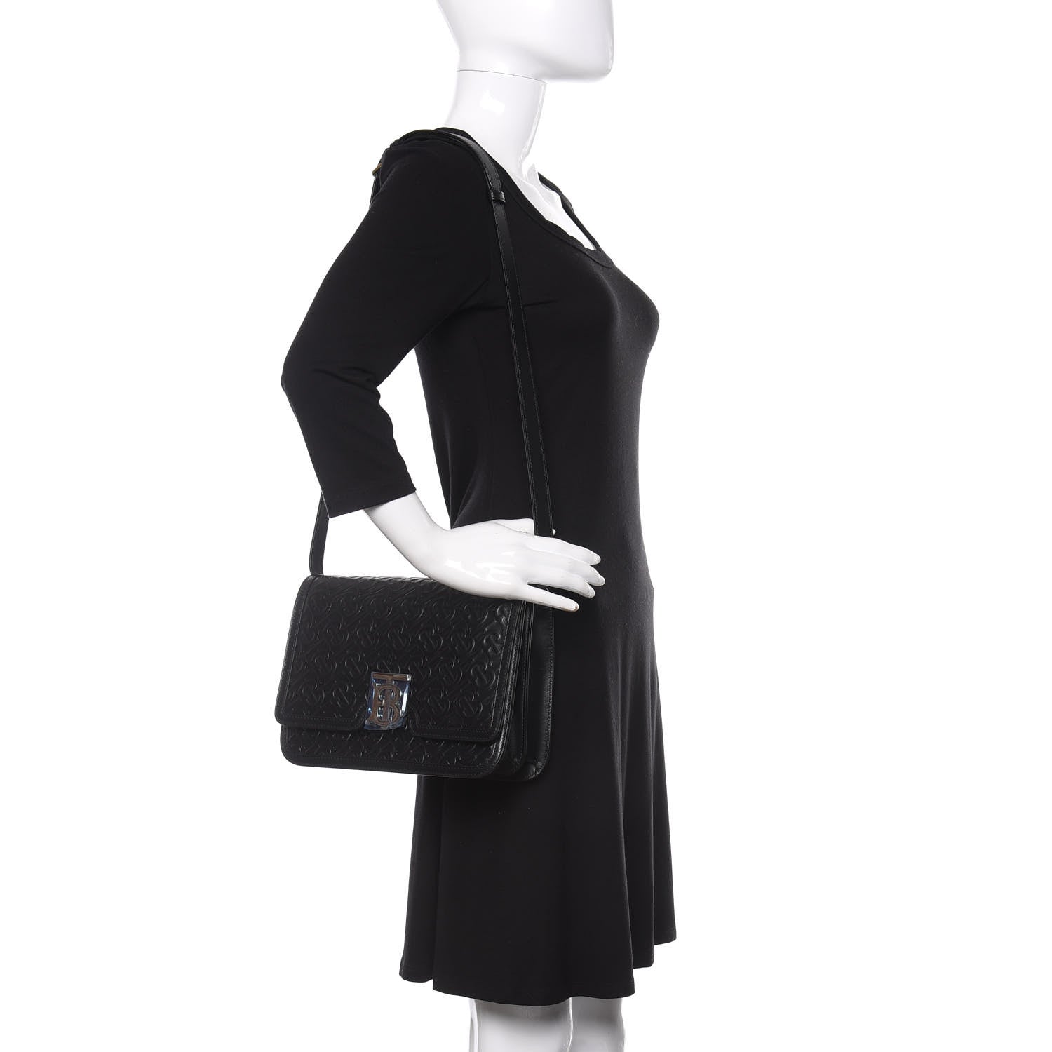 Burberry Calfskin Monogram Embossed Medium TB Bag Black 2 of 9