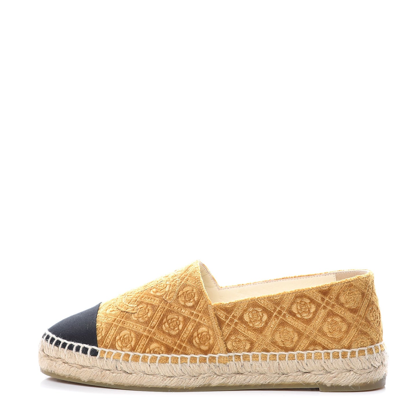 Velvet Grosgrain Quilted Camellia CC Espadrilles 38 Gold Black