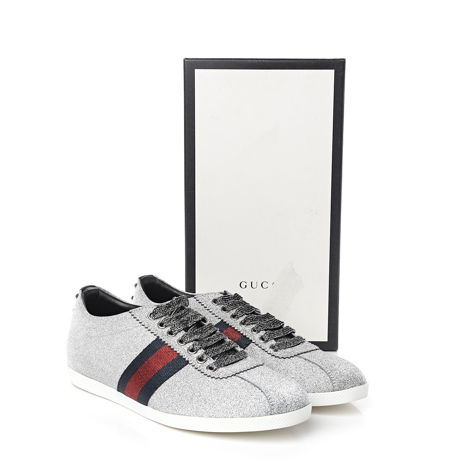 Gucci Glitter Fabric Studded Web Sneakers 40.5 Silver 10 of 10