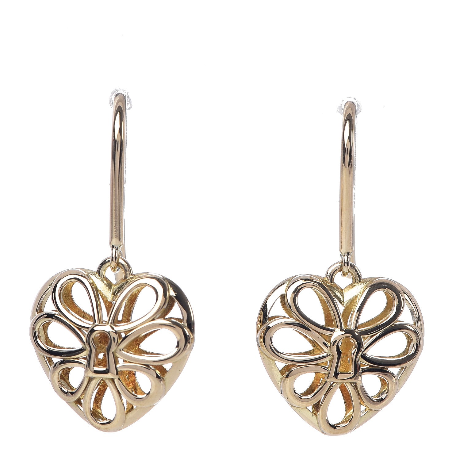 Tiffany 18K Yellow Gold Filigree Heart Lock Drop Earrings 1 of 4