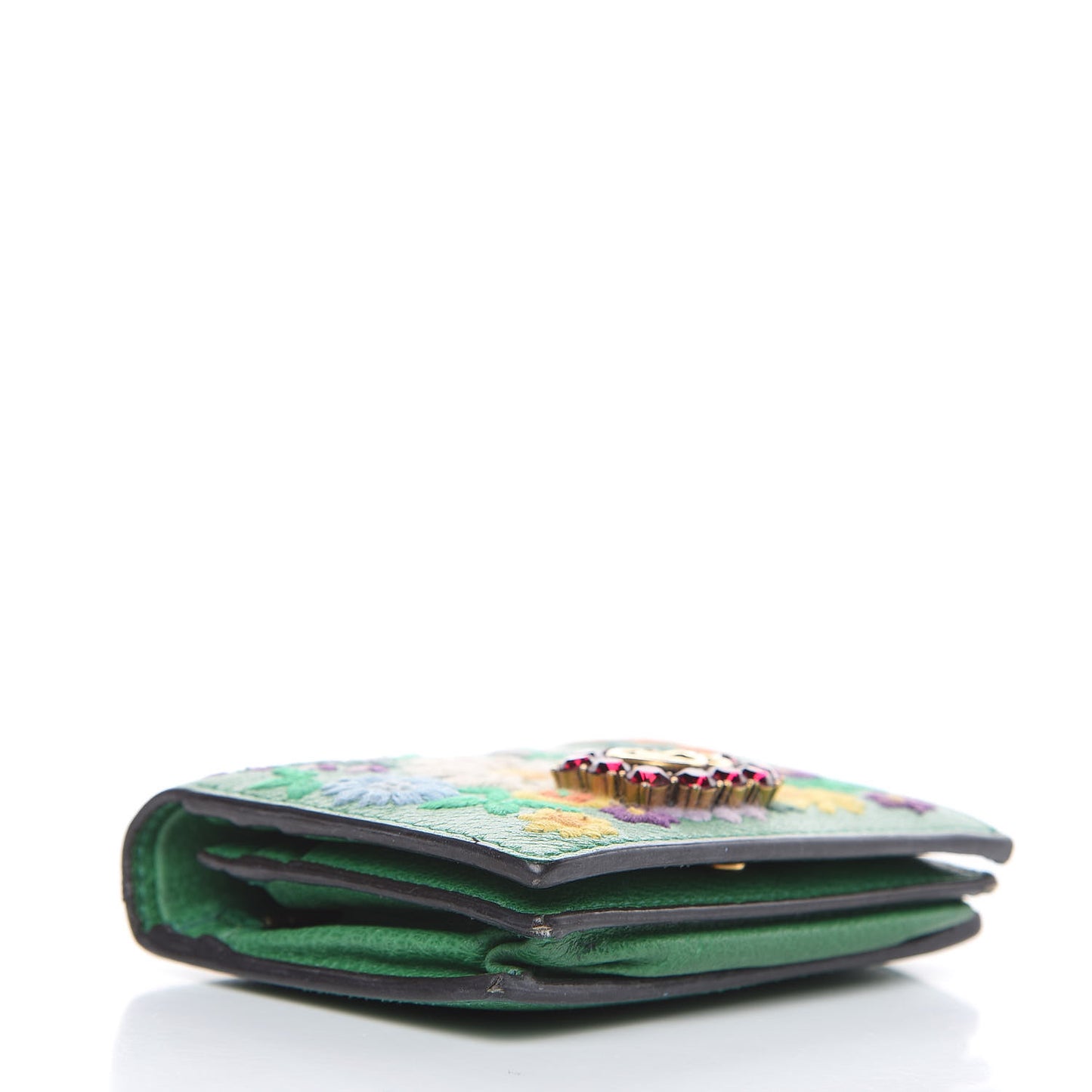 Textured Calfskin Crystal Fiori Floral Embroidered GG Card Case Grass Green
