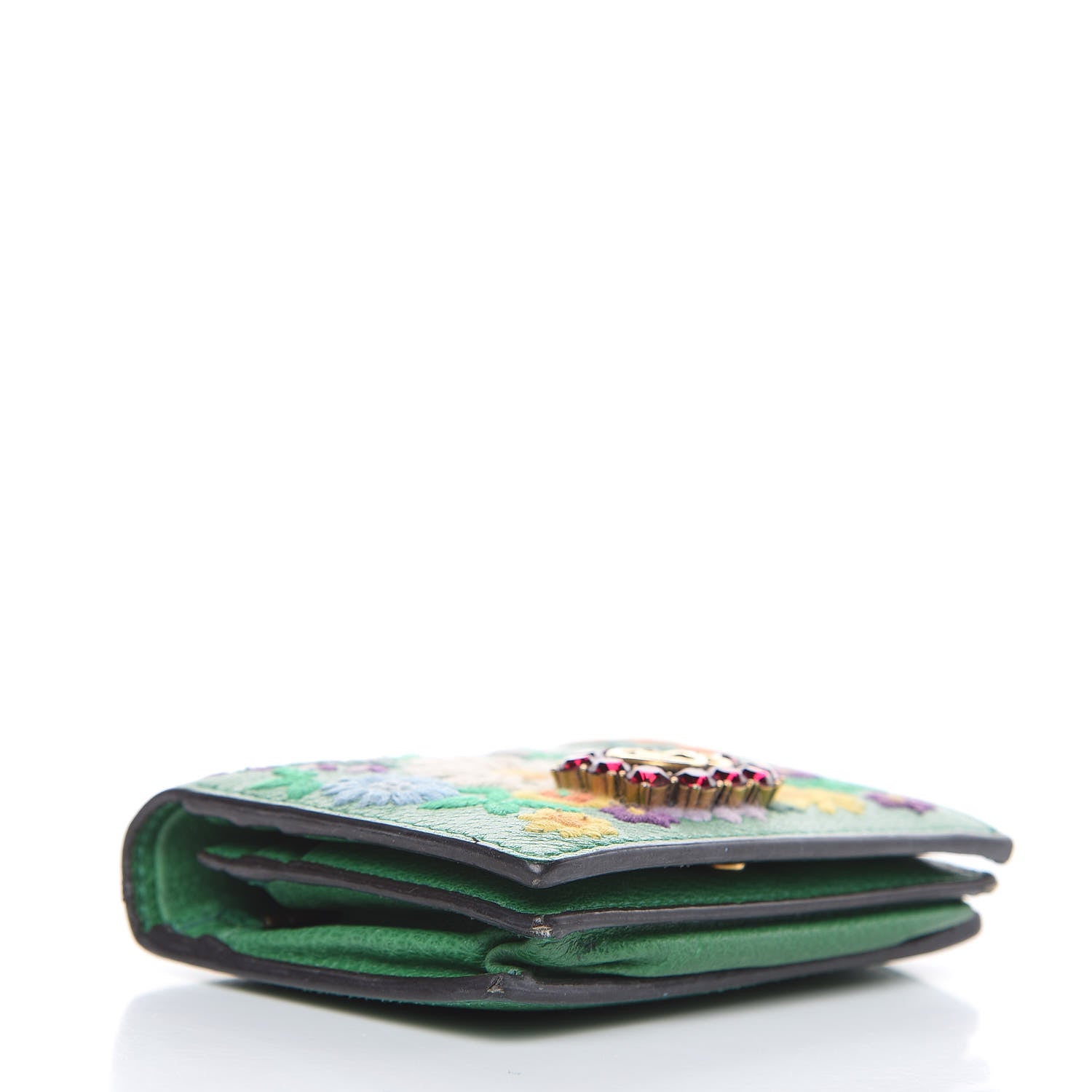 Gucci Textured Calfskin Crystal Fiori Floral Embroidered GG Card Case Grass Green 4 of 10