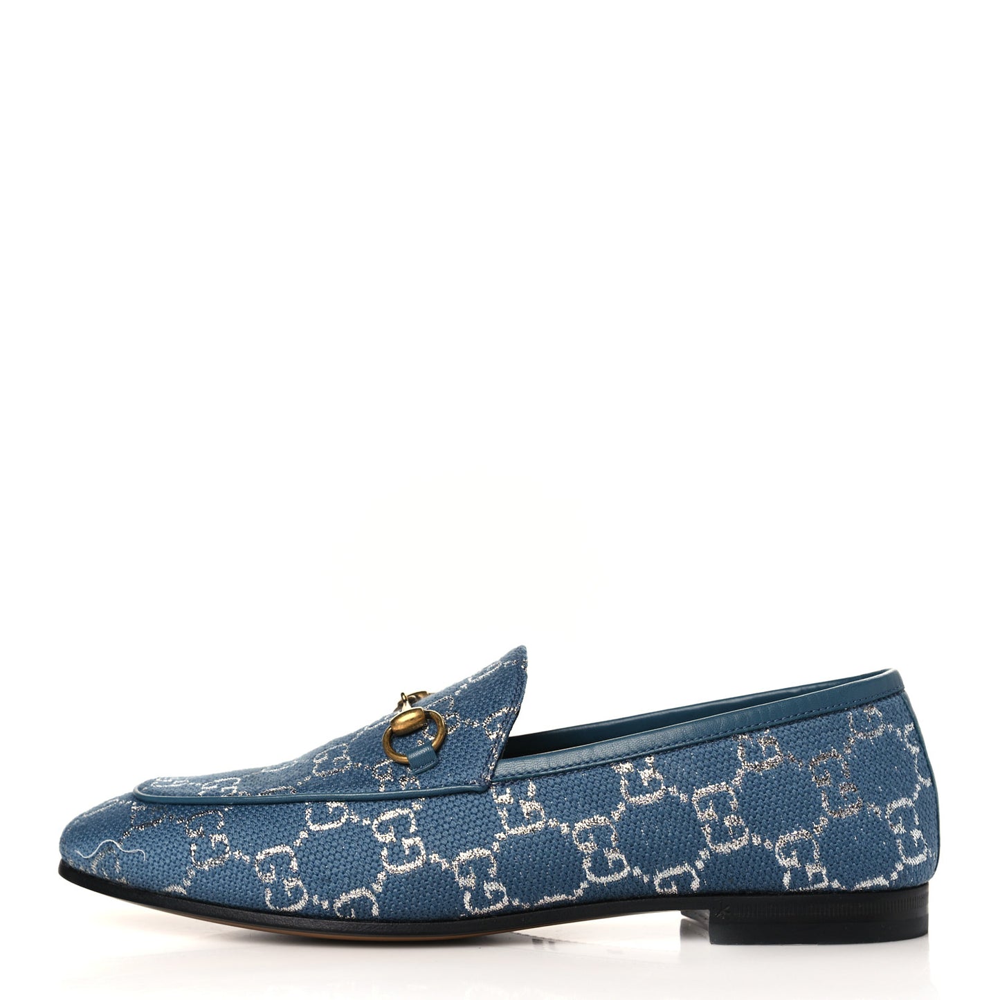 Canvas Lame GG Monogram Horsebit Womens Jordaan Loafers 38 Blue Silver Cornflower Blue