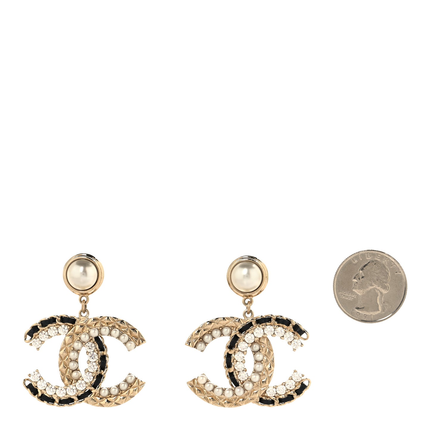 Pearl Lambskin Crystal Chain Textured CC Drop Earrings Black Gold