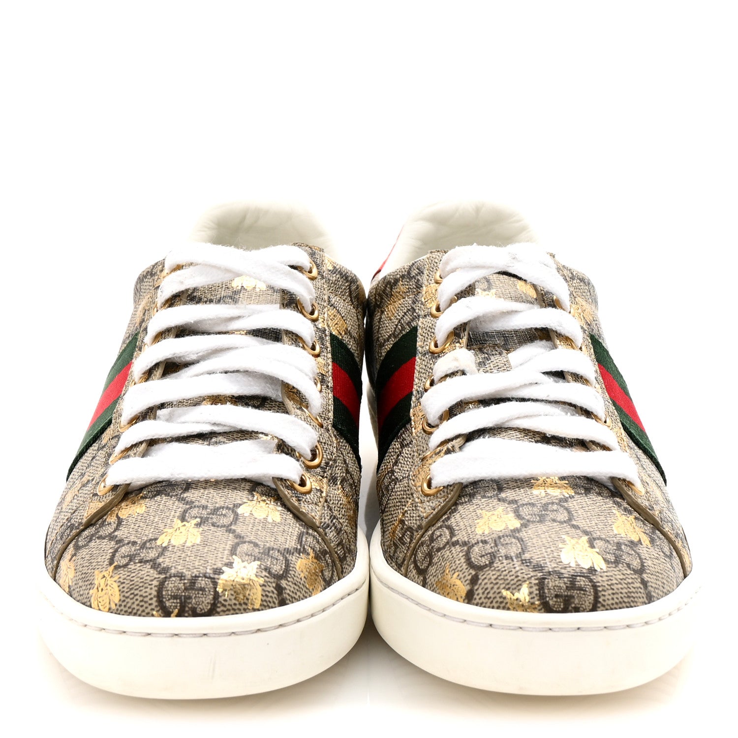 Gucci GG Supreme Monogram Bees Ayers Web Womens Ace Sneakers 37 Beige Oro Green Red 3 of 10
