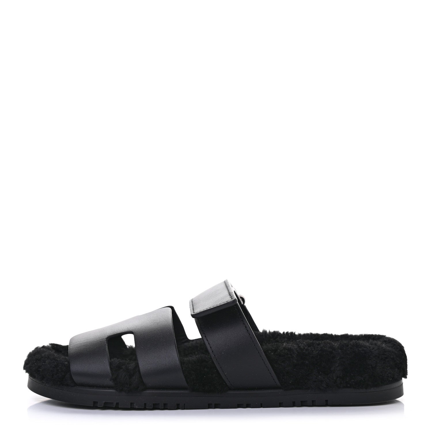 Hermes Calfskin Woolskin Womens Chypre Sandals 39 Black 1 of 7