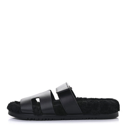 Hermes Calfskin Woolskin Womens Chypre Sandals 39 Black 1 of 7