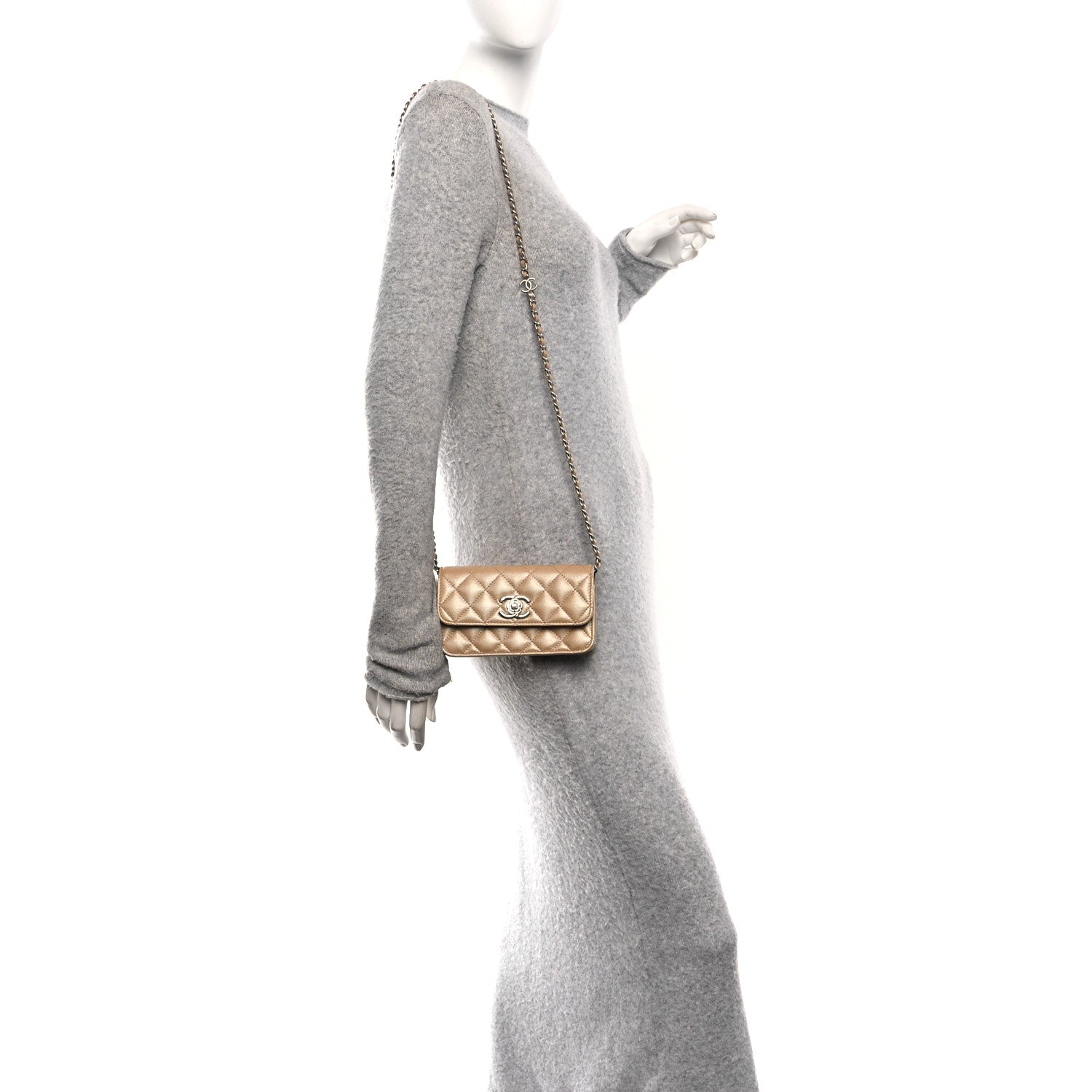 Chanel Iridescent Caviar Quilted Camellia Phone Holder With Chain Beige 2 of 12
