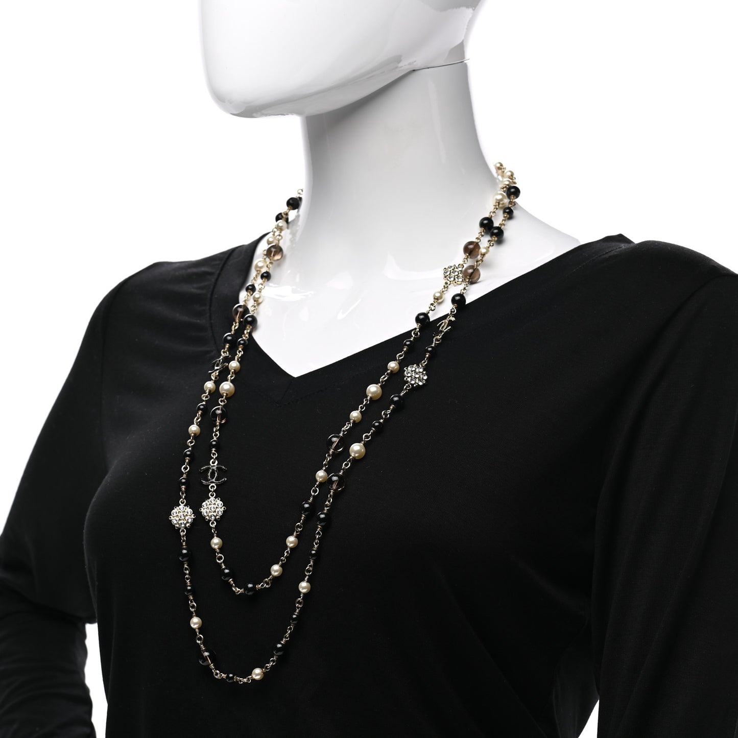 Pearl Crystal Bead CC Long Necklace Black Silver