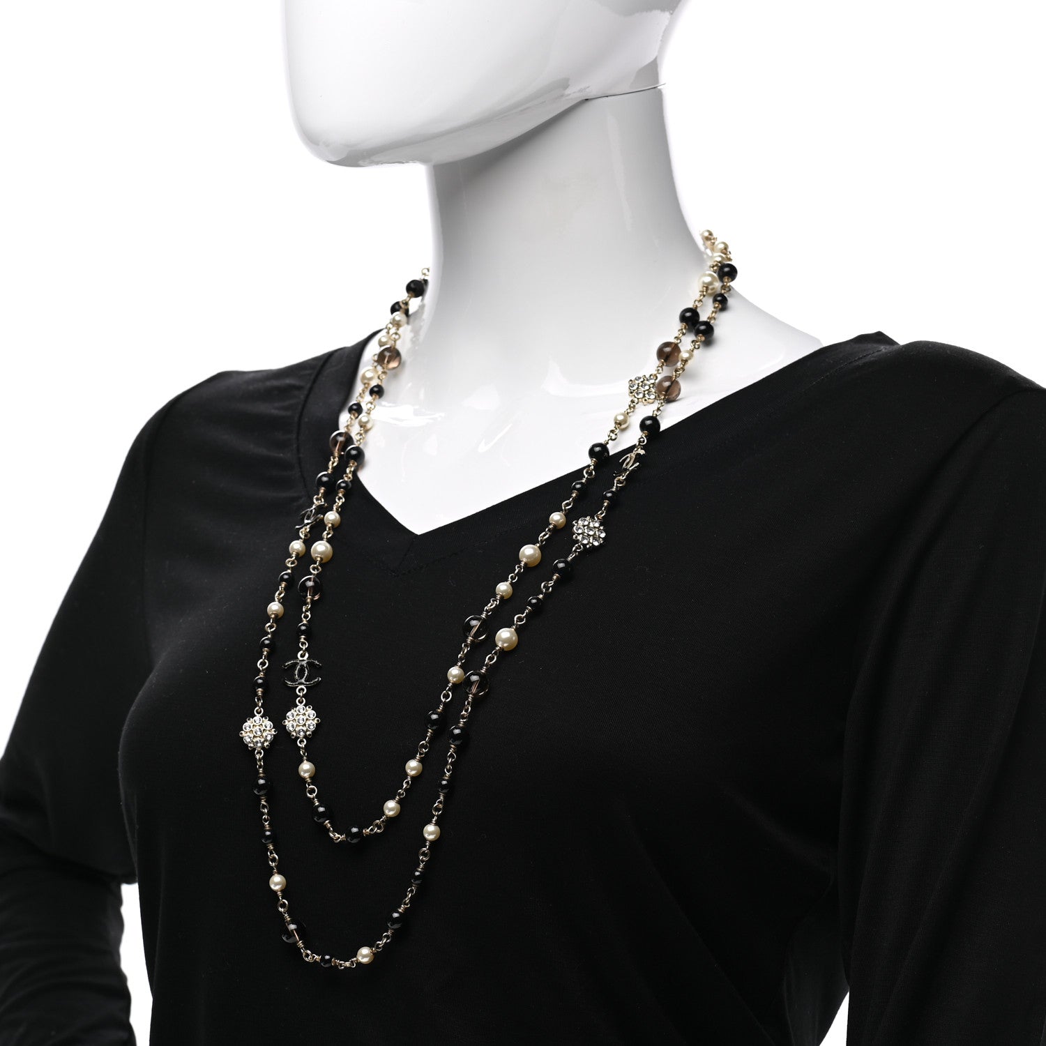Chanel Pearl Crystal Bead CC Long Necklace Black Silver 2 of 4