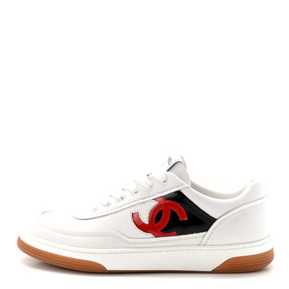 Chanel Calfskin Patent Womens CC Sneakers 40 White Black Red 1 of 8