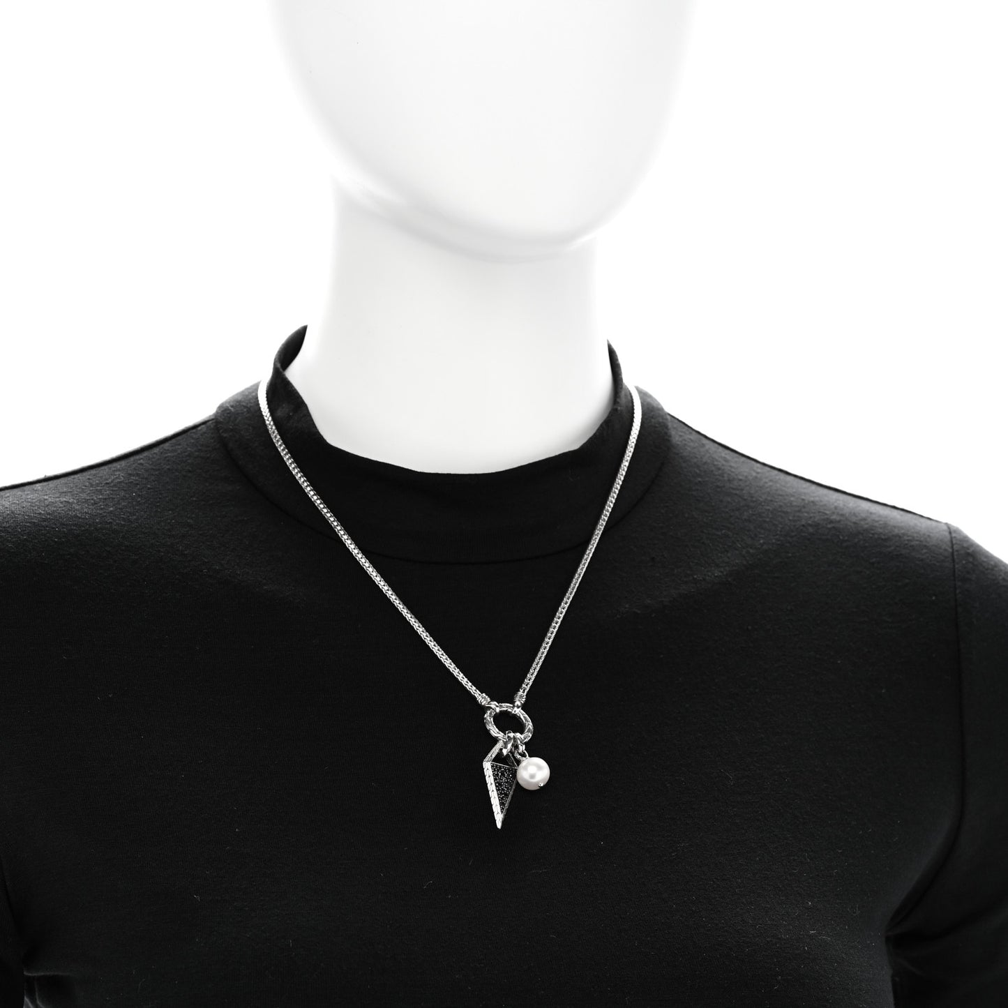 Sterling Silver Black Sapphire Black Spinel Cultured Pearl Classic Chain Tiga Amulet Keyring Necklace