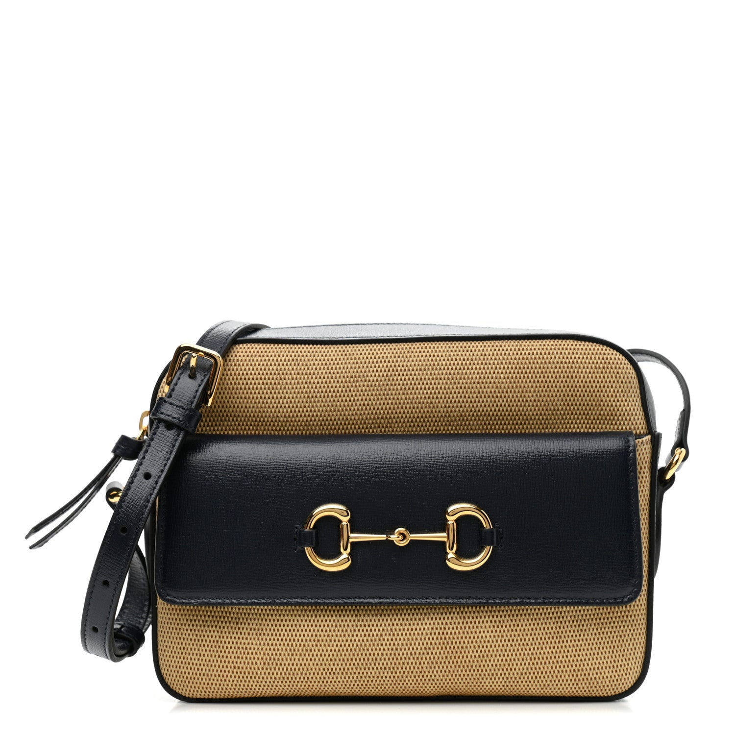 Gucci Vintage Rice Canvas Azalea Calfskin Small Horsebit 1955 Shoulder Bag Beige Blue 1 of 11
