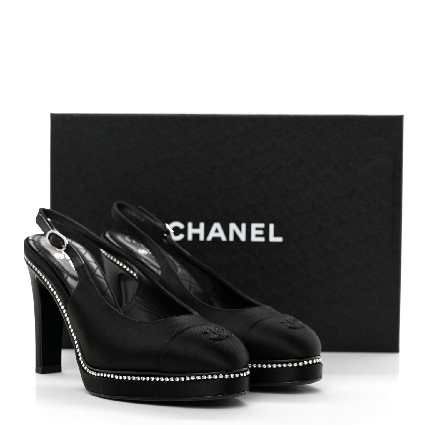 Silk Crystal Embellished Cap Toe CC Slingback Pumps 36.5 Black