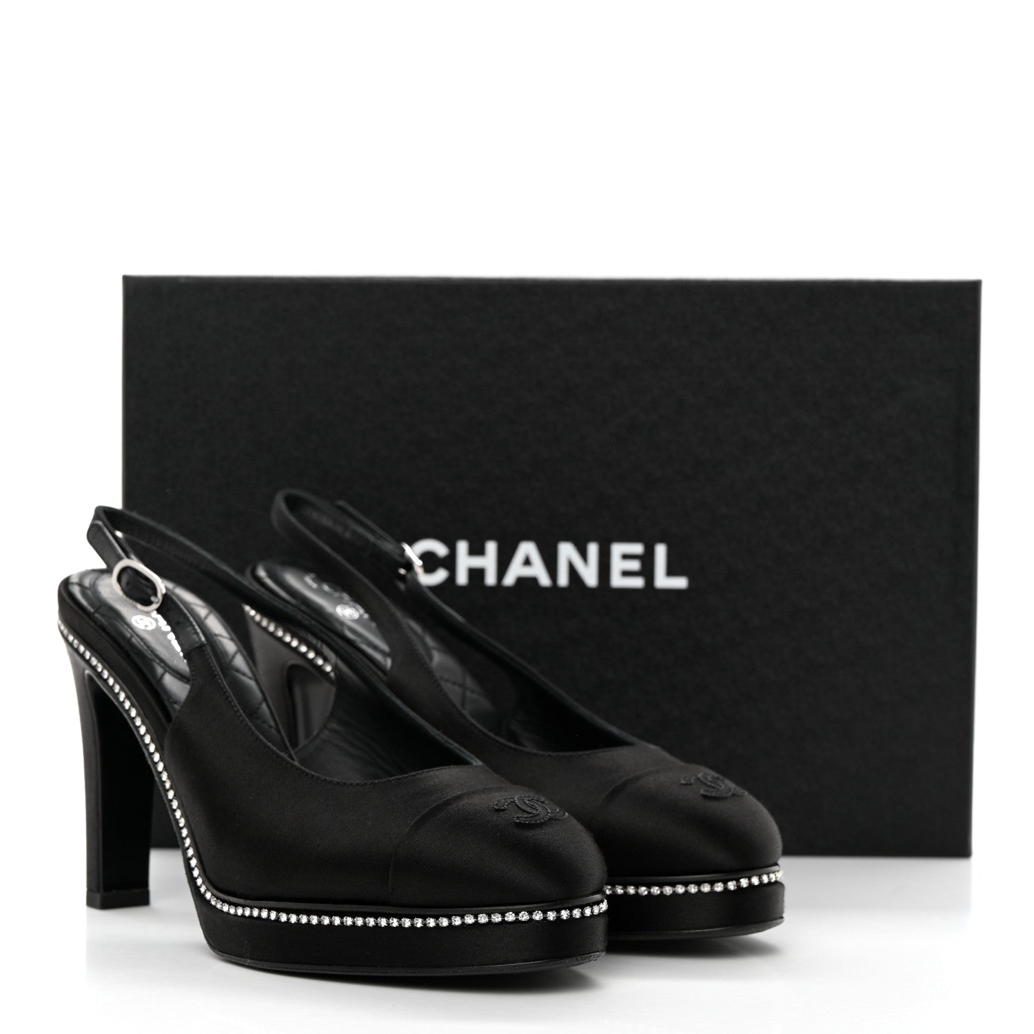 Chanel Silk Crystal Embellished Cap Toe CC Slingback Pumps 36.5 Black 10 of 10