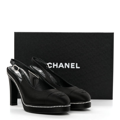 Chanel Silk Crystal Embellished Cap Toe CC Slingback Pumps 36.5 Black 10 of 10