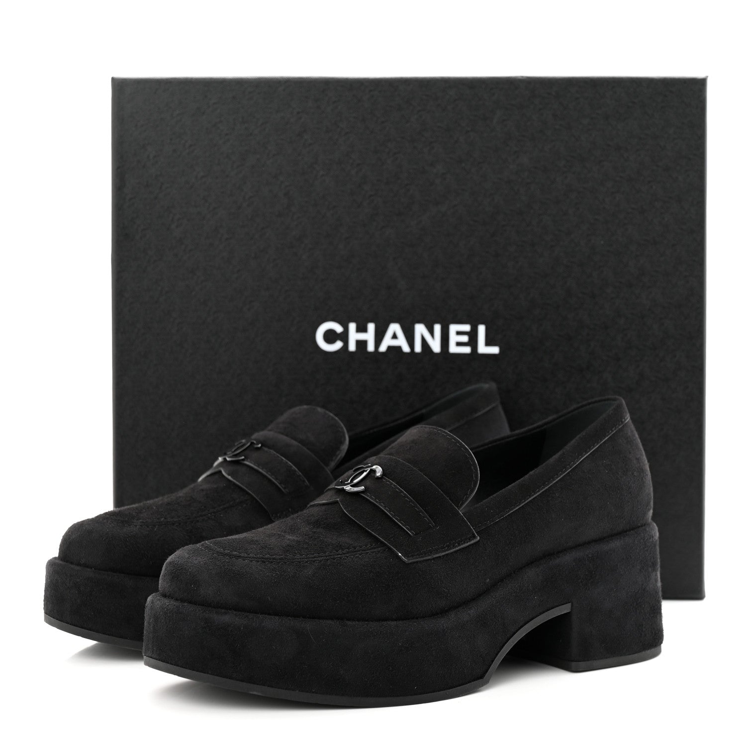 Chanel Suede Kidskin CC Platform Loafers 38.5 Black 9 of 9