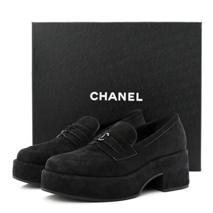 Chanel Suede Kidskin CC Platform Loafers 38.5 Black 9 of 9