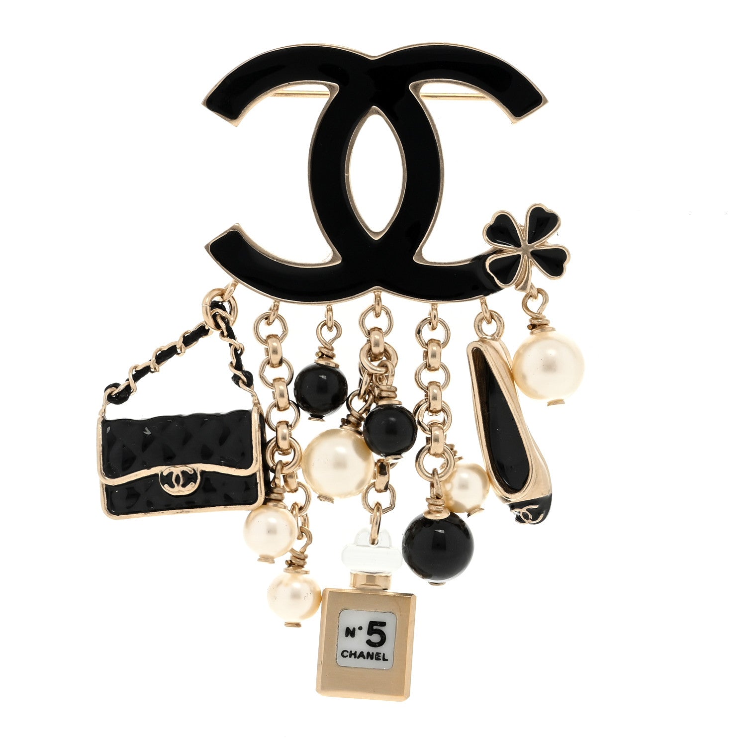 Chanel Enamel Pearl CC Charms Brooch Black Gold 1 of 3