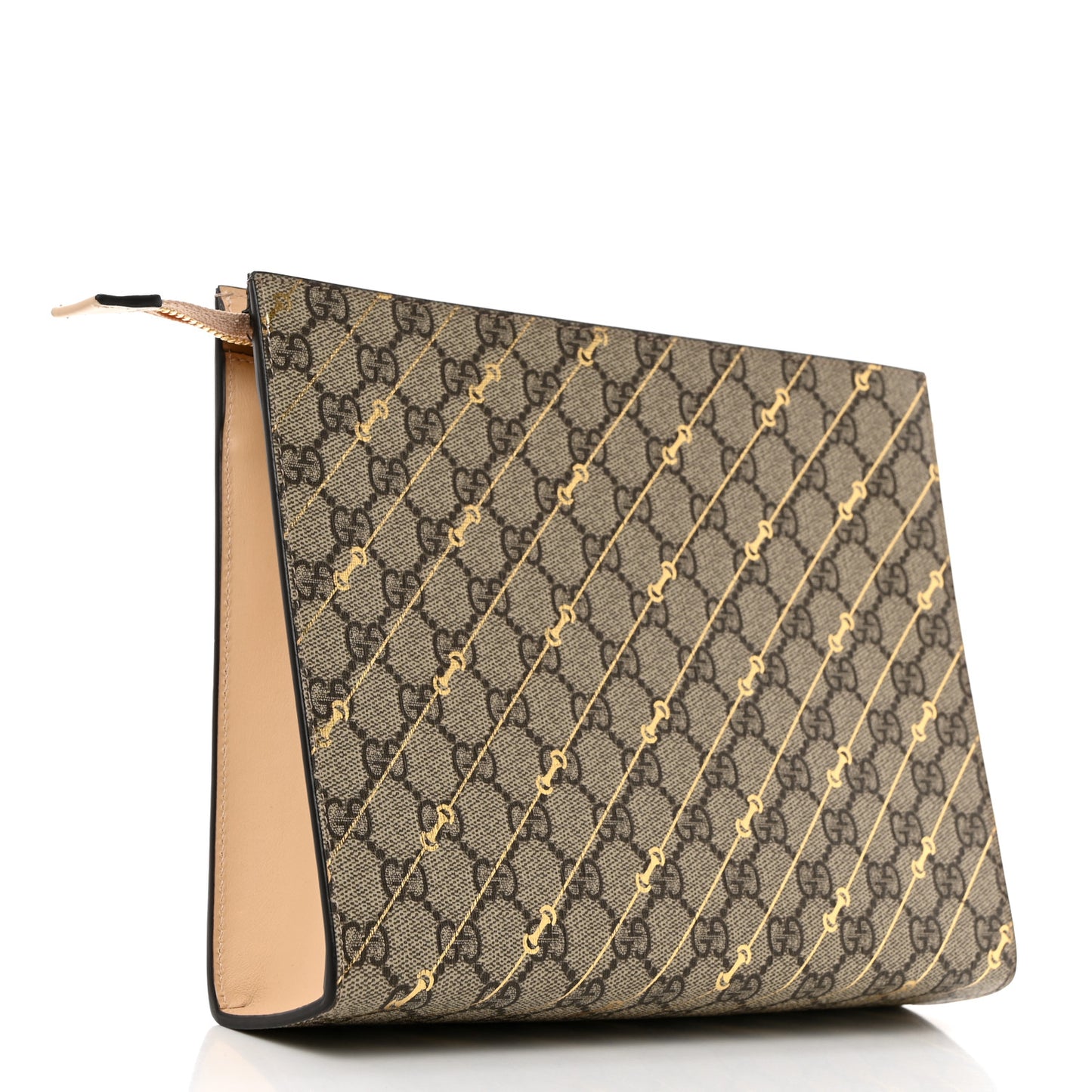 GG Supreme Monogram Calfskin Horsebit Print Zip Pouch Beige Ebony Light Pink