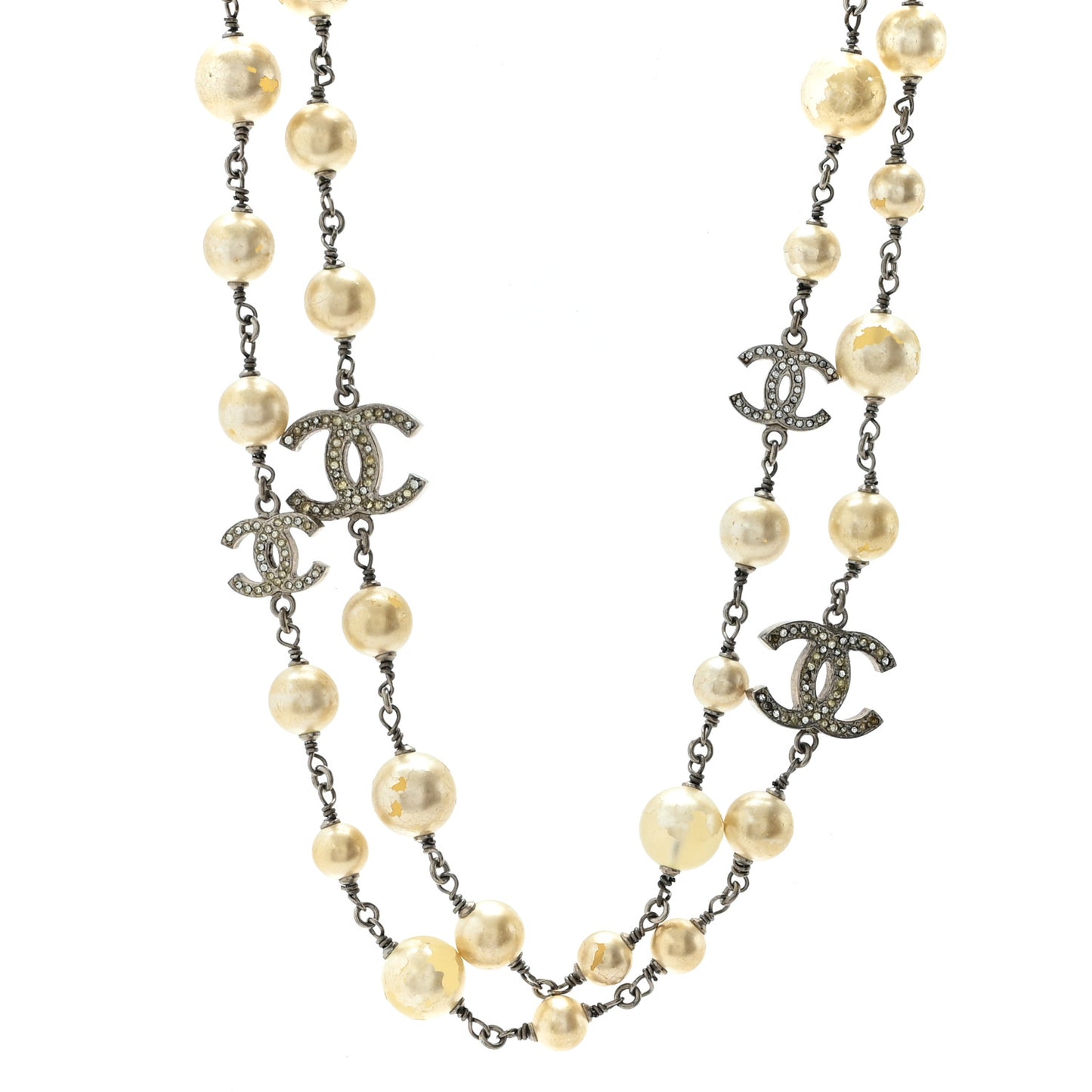 Crystal Pearl CC Long Necklace Silver