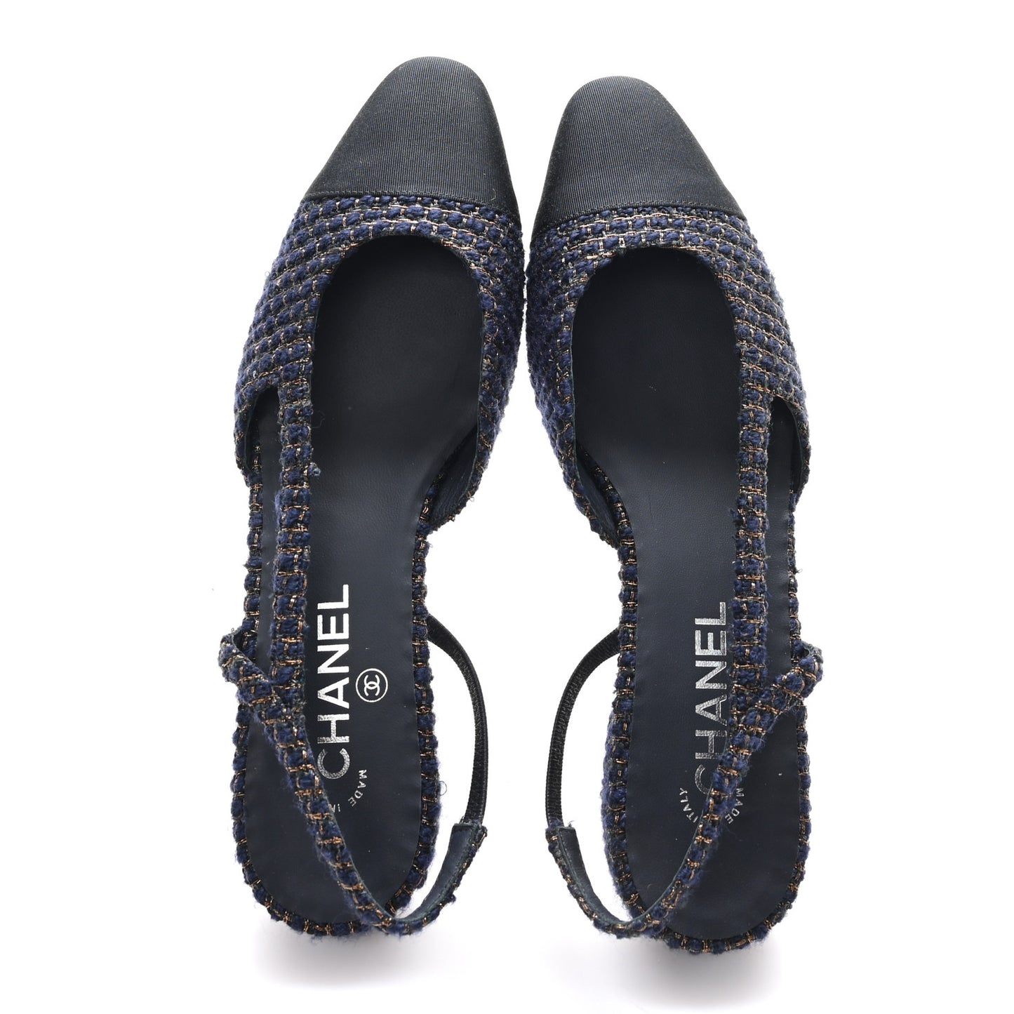 Tweed Grosgrain Cap Toe CC Slingback Flats  40 Blue Gold