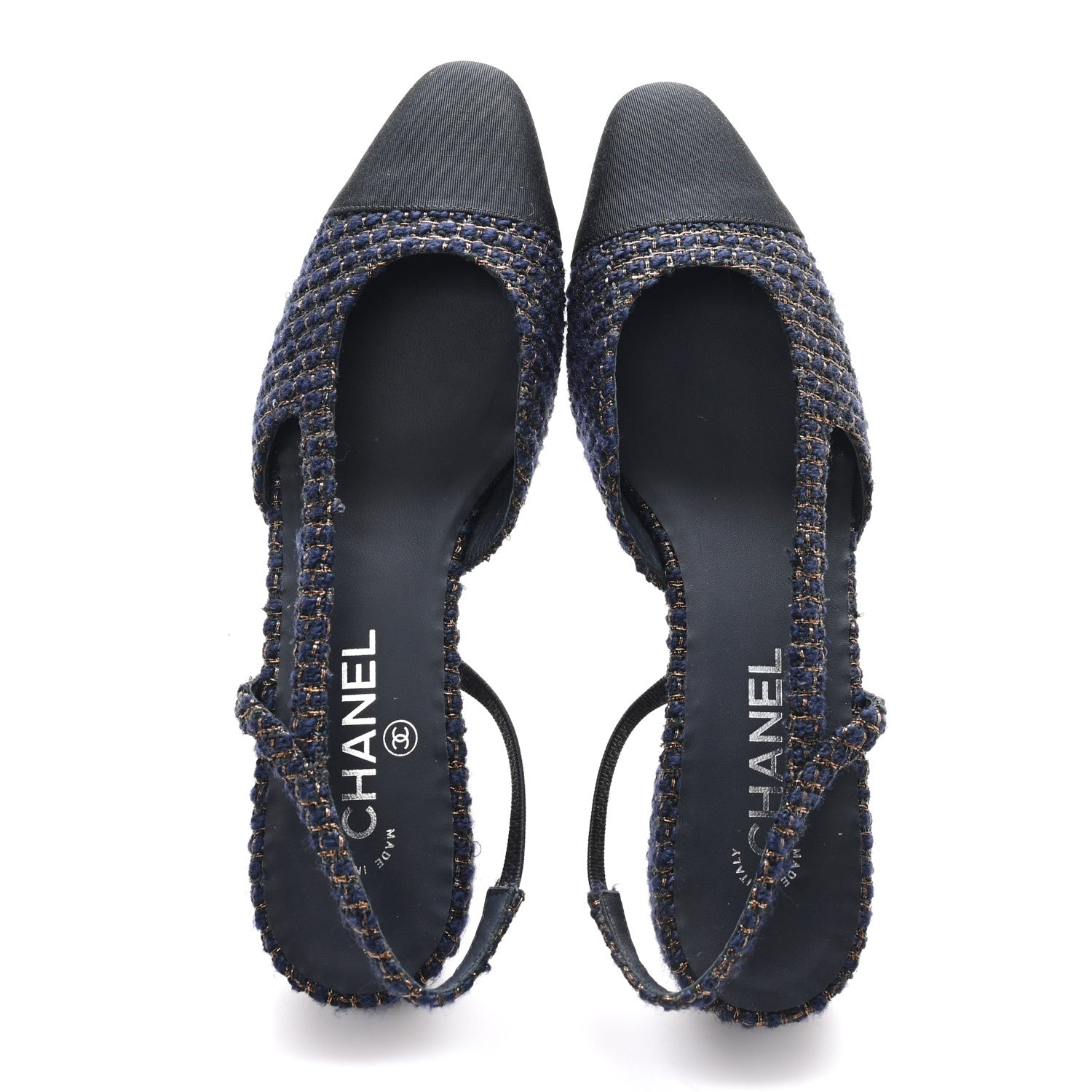 Chanel Tweed Grosgrain Cap Toe CC Slingback Flats  40 Blue Gold 2 of 9