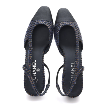 Chanel Tweed Grosgrain Cap Toe CC Slingback Flats  40 Blue Gold 2 of 9