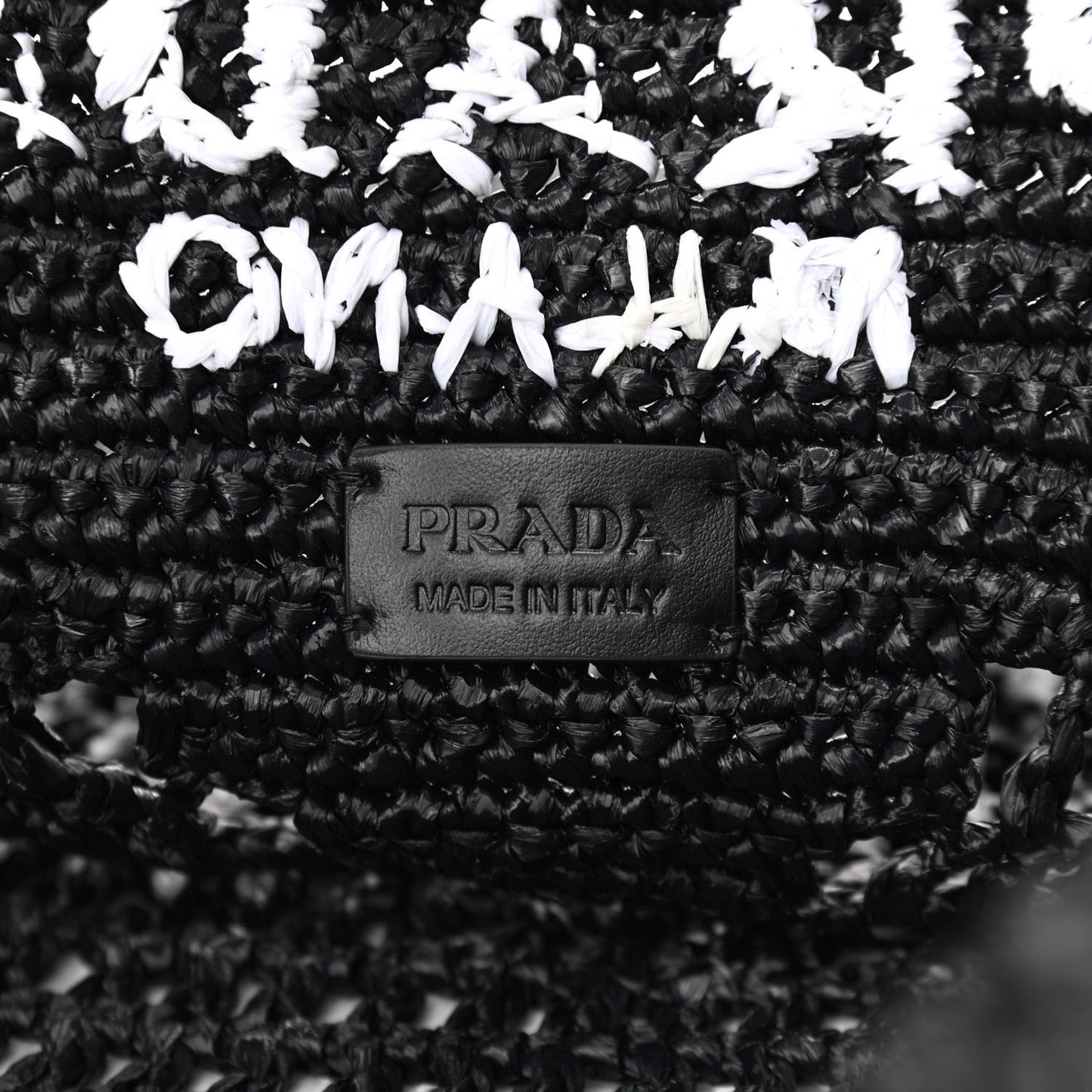 Yarn Raffia Effect Crochet Logo Embroidered Shopping Tote Bag Black