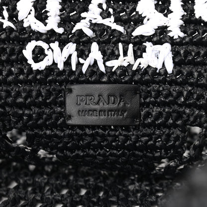 Prada Yarn Raffia Effect Crochet Logo Embroidered Shopping Tote Bag Black 8 of 9
