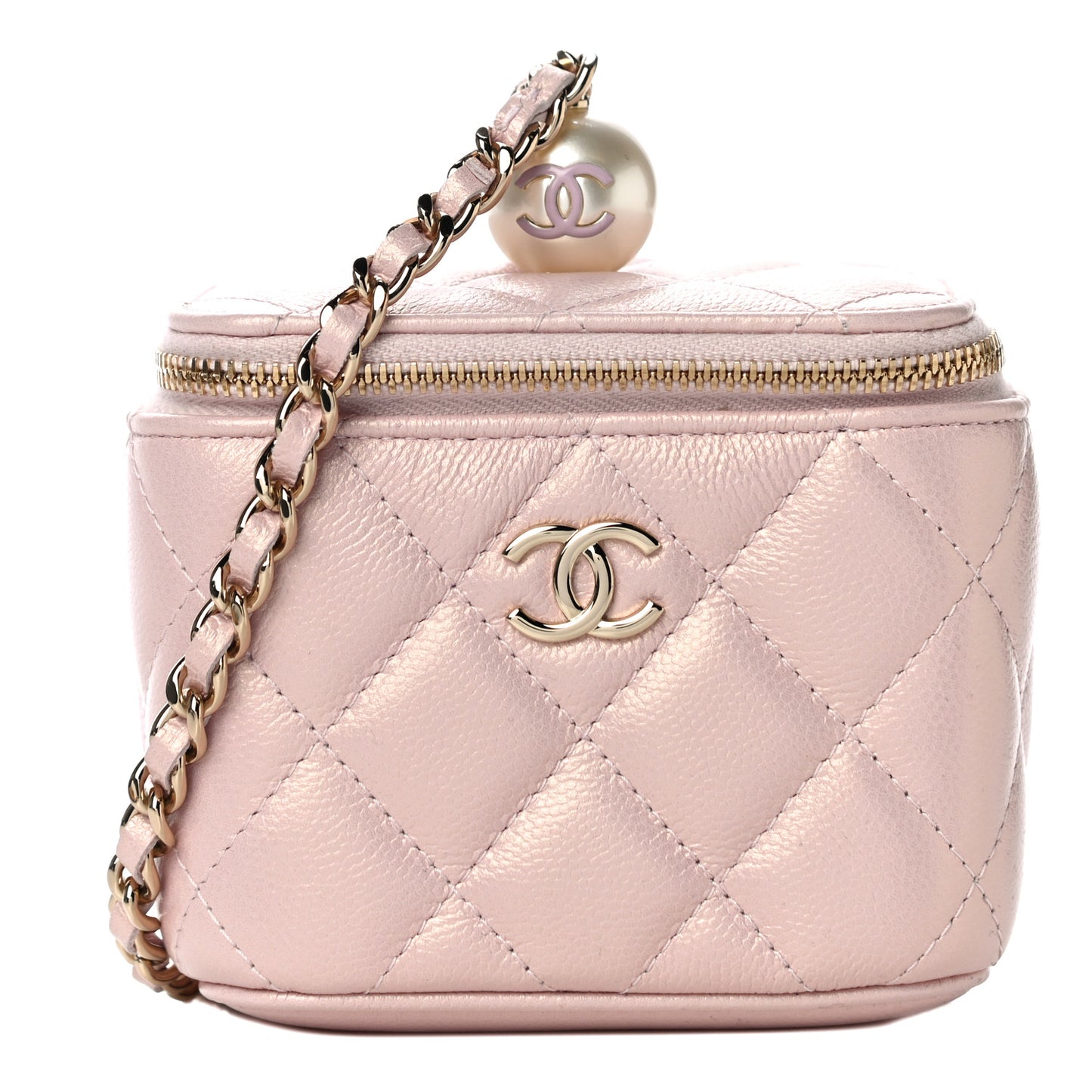 Iridescent Caviar Quilted Mini Pearl On Top Vanity Case With Chain Light Pink