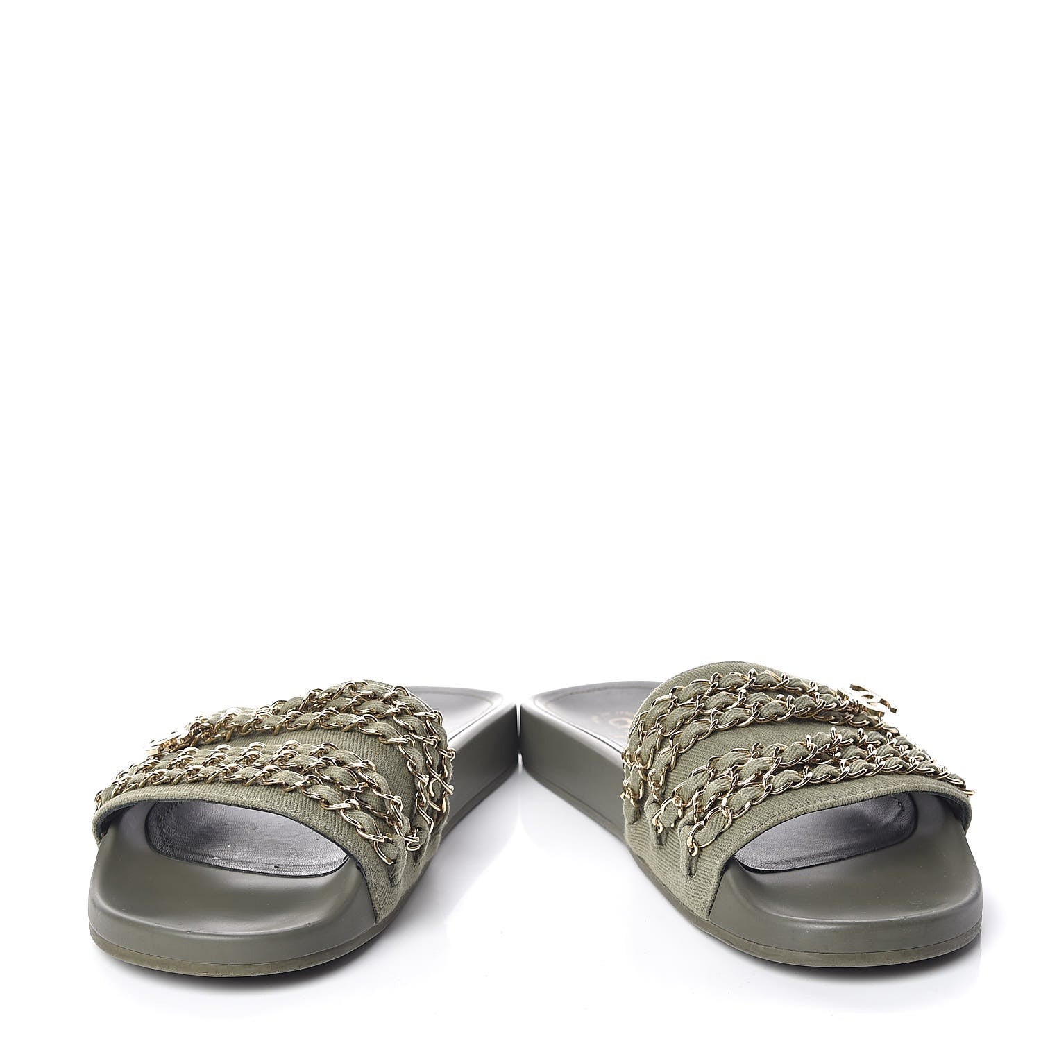 Chanel Canvas Chain Flat Sandals 39 Khaki 5 of 12