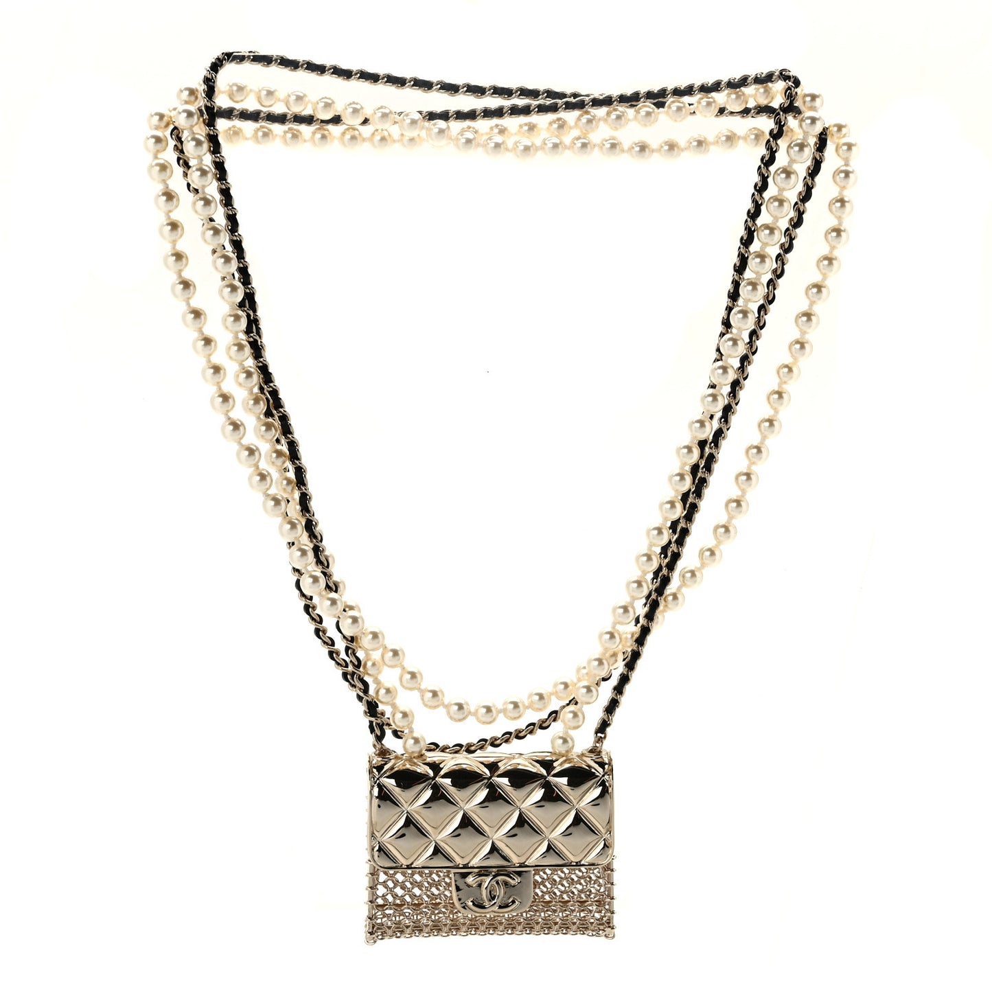 Metal Lambskin Pearl Chain Flap Bag Multi Strand Long Necklace Gold Black Pearly White