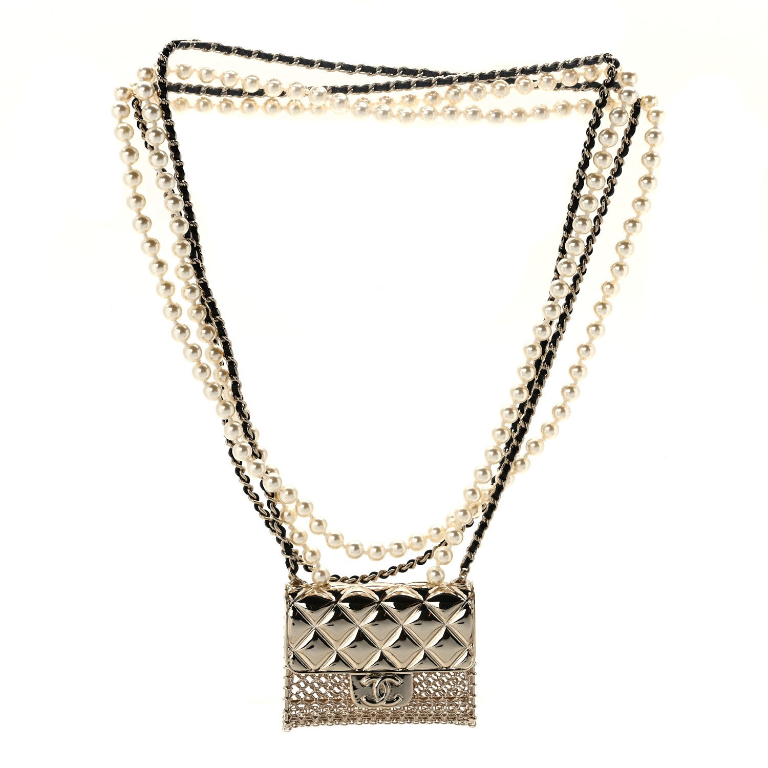 Chanel Metal Lambskin Pearl Chain Flap Bag Multi Strand Long Necklace Gold Black Pearly White 3 of 5