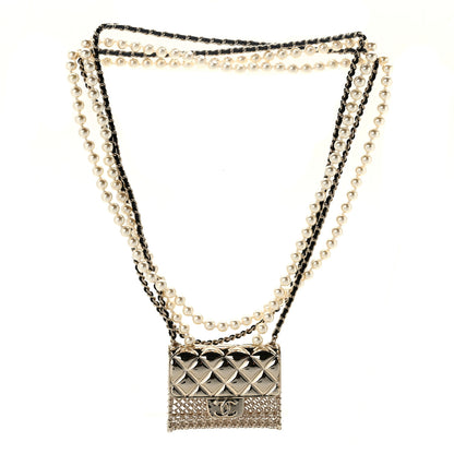 Chanel Metal Lambskin Pearl Chain Flap Bag Multi Strand Long Necklace Gold Black Pearly White 3 of 5