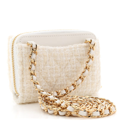 Chanel Tweed Quilted Bow Flap Card Holder On Chain White 3 of 10
